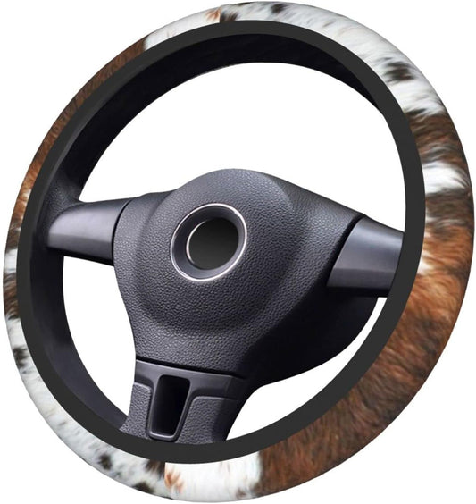 Faux Cowhide Print Steering Wheel Cover Non-Slip Neoprene Universal 15 Inch Car Steering Wrap for Women/Men